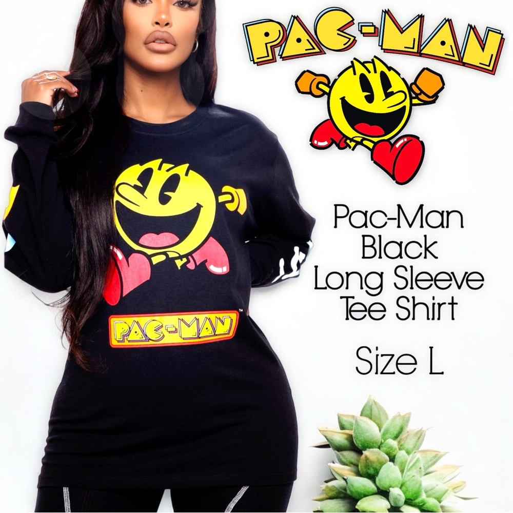 Pac-Man Black Long Sleeve Tee Shirt with Kanji - Picture 1 of 16